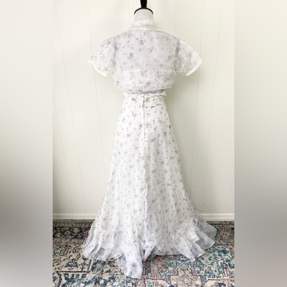 VTG 70s White Purple Chiffon Formal Dress Spaghetti Strap Bolero Lace Coverup XS - Picture 4 of 15